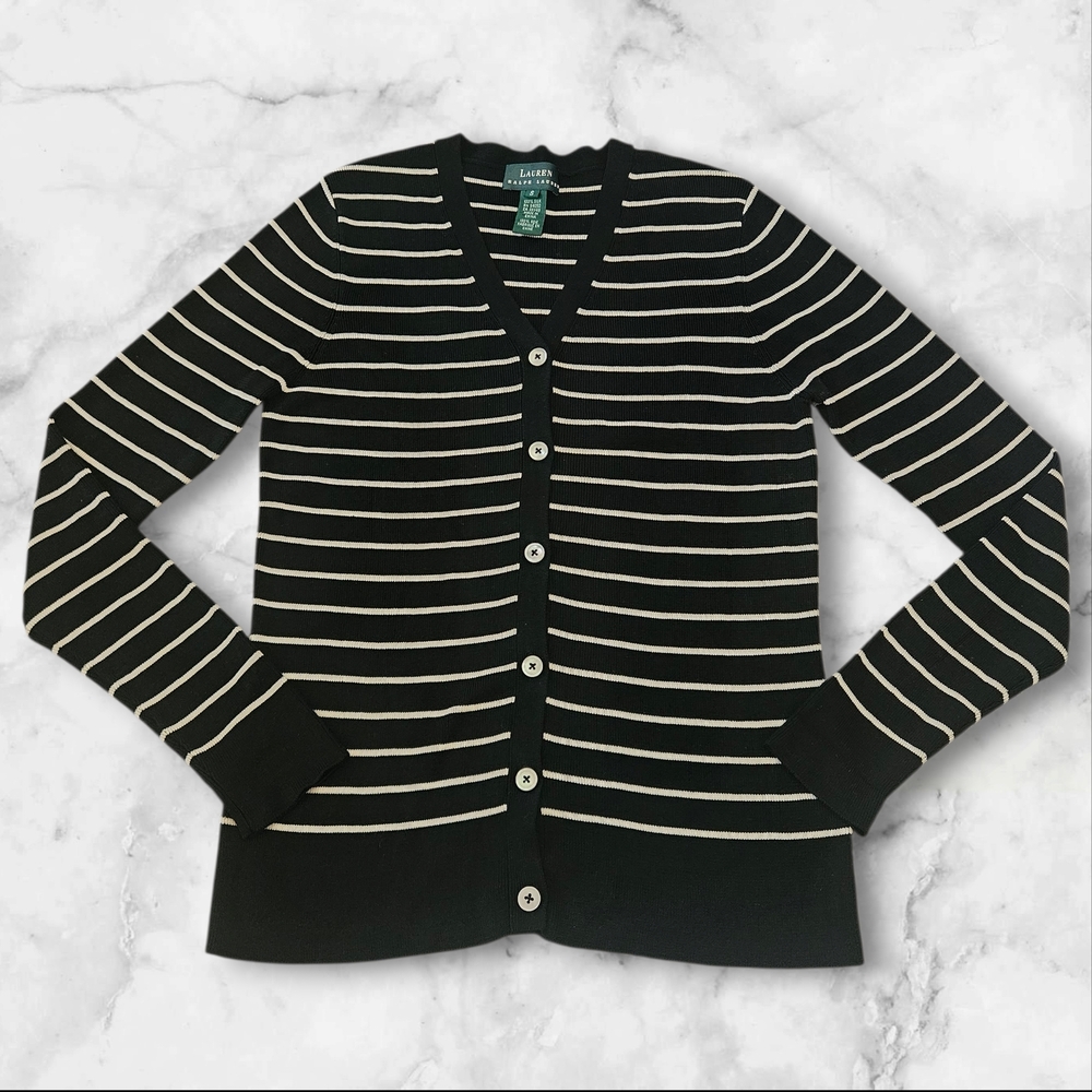 Lauren Ralph Lauren Silk Cardigan Black Stripe Button Front Women S